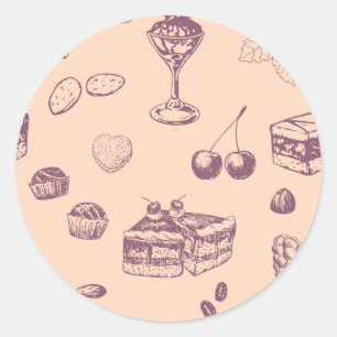 Sticker Rond Motif sucré avec des desserts variés.