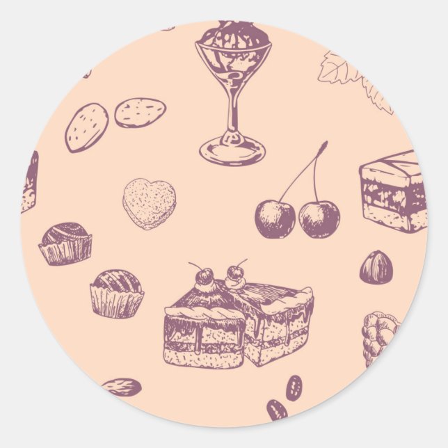 Sticker Rond Motif sucré avec des desserts variés. (Devant)