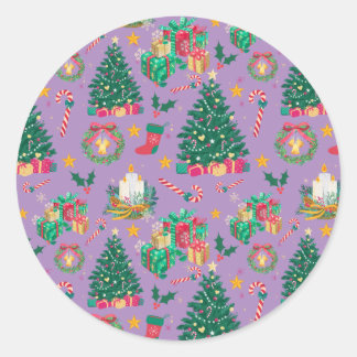 Sticker Rond Motif traditionnel de Noël pourpre