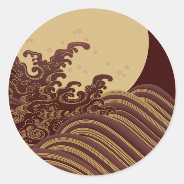 Sticker Rond Motif traditionnel japonais de vague et de lune (Devant)