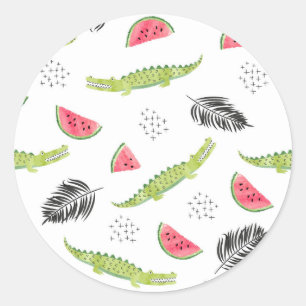Sticker Rond Motif tropical de pastèque et de crocodile