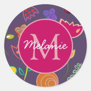 Sticker Rond Motif tulipe funky violet personnalisé monogramme