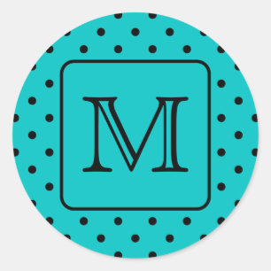 Sticker Rond Motif turquoise et noir Polka Dot. Monogramme pers
