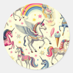 Sticker Rond Motif vintage Cute Unicorn
