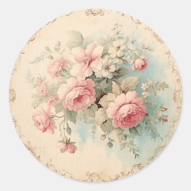 Sticker Rond Motifs gracieux, rose et vert Chic Shabby (Devant)