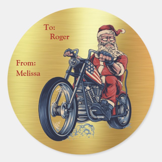 Sticker Rond Moto équitation Santa Claus sur Gold Foil (Devant)