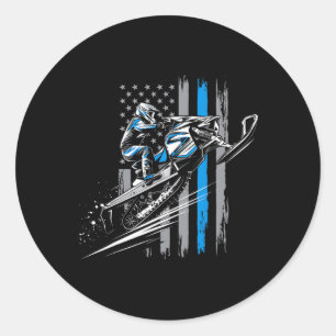Sticker Rond Motoneige États-Unis Drapeau Sports d'hiver Motone