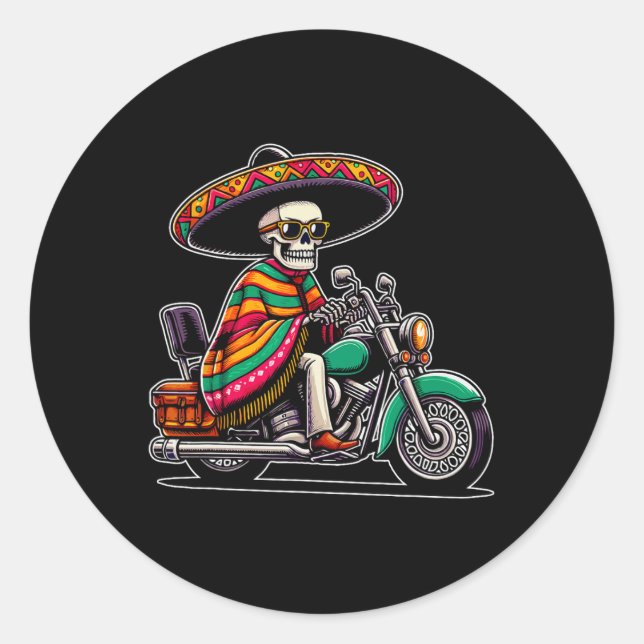 Sticker Rond Motorcycle Skeleton Biker Mexicain Sombrero Cinco  (Devant)