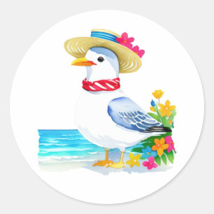 Sticker Rond Mouette de mer avec casquette de plage & foulard