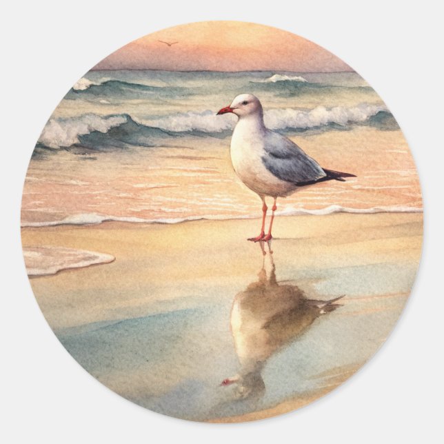 Sticker Rond Mouette sur une plage (Devant)
