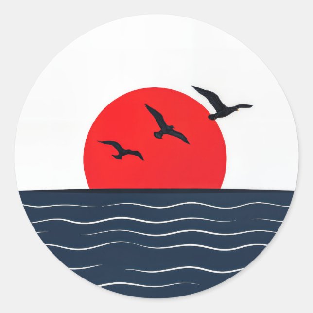 Sticker Rond Mouettes sur Soleil Rouge avec Océan (Devant)