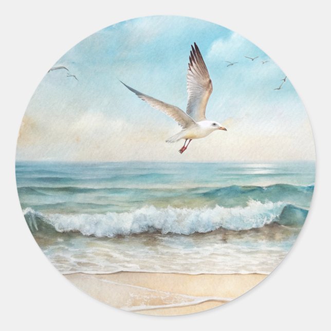 Sticker Rond Mouettes volant sur une plage (Devant)