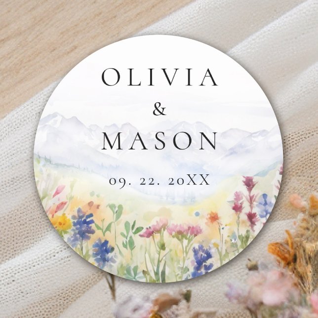 Sticker Rond Mountains Wildflowers Meadow Rustic Floral Wedding (mountains wedding sticker wildflowers meadow floral watercolor modern elegant rustic romantic)