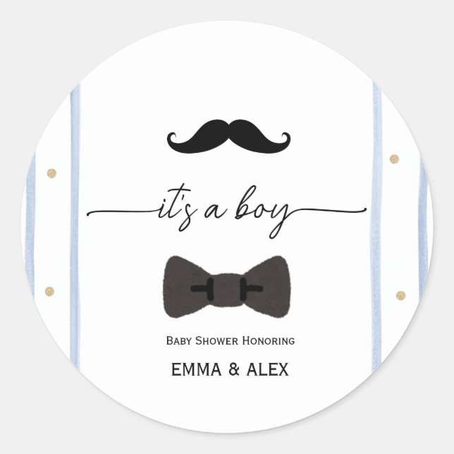 Sticker Rond Moustache  c'est un garçon baby shower (Devant)