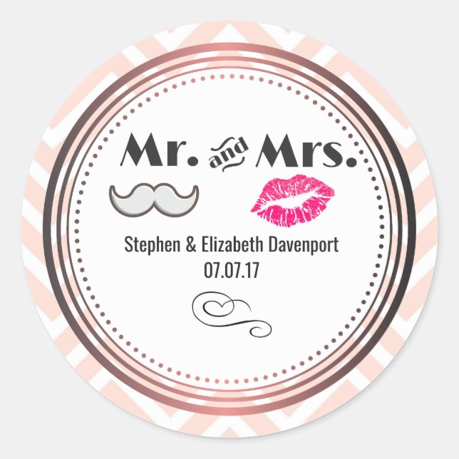 Sticker Rond Moustache & Lèvres M. & Mme Peach Chevron Mariage (Devant)