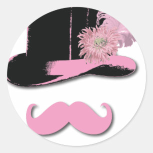 Sticker Rond Moustache rose, chapeau supérieur, plumes et fleur