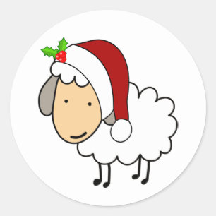 Sticker Rond Mouton de Noël portant un chapeau de Père Noël