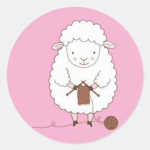 Sticker Rond Mouton Mignon qui Tricote de la Laine Marron