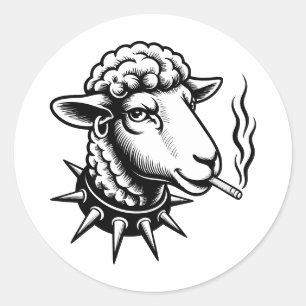 Sticker Rond Mouton rebelle – Graphisme de style tatouage punk