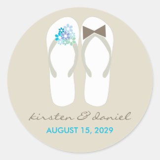 Sticker Rond Mr & Mrs Blue Flowers Flip Flops Plage Mariage