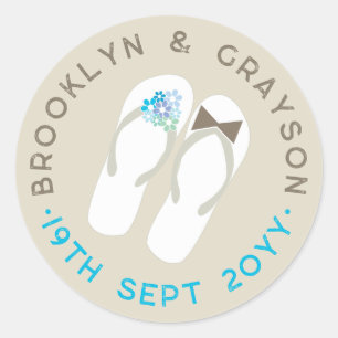 Sticker Rond Mr & Mrs Blue Flowers Flip Flops Plage Mariage