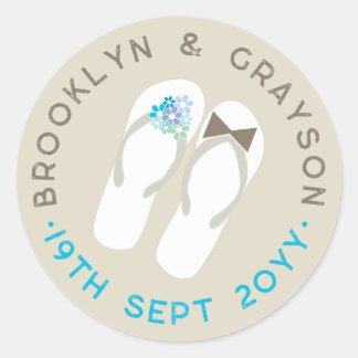 Sticker Rond Mr & Mrs Blue Flowers Flip Flops Plage Mariage