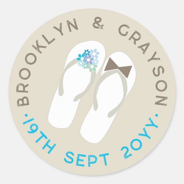 Sticker Rond Mr & Mrs Blue Flowers Flip Flops Plage Mariage (Devant)