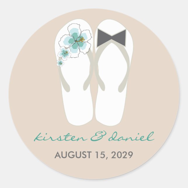 Sticker Rond Mr & Mrs Blue Hibiscus Flip Flops Plage Mariage (Devant)