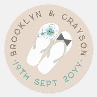 Sticker Rond Mr & Mrs Blue Hibiscus Flip Flops Plage Mariage