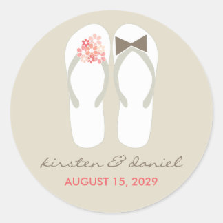 Sticker Rond Mr & Mrs Pink Flowers Flip Flops Plage Mariage