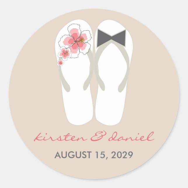 Sticker Rond Mr & Mrs Pink Hibiscus Flip Flops Plage Mariage (Devant)