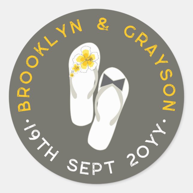 Sticker Rond Mr & Mrs Pink Hibiscus Flip Flops Plage Mariage (Devant)