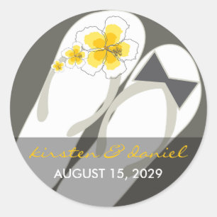 Sticker Rond Mr & Mrs Pink Hibiscus Flip Flops Plage Mariage