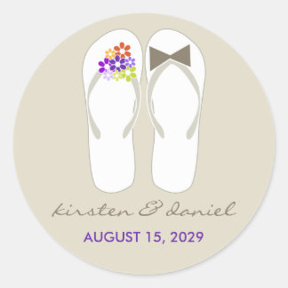 Sticker Rond Mr & Mrs Purple Flowers Flip Flops Plage Mariage