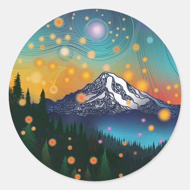 Sticker Rond Mt Rainier w Soirée Starry Sky et Fireflies (Devant)