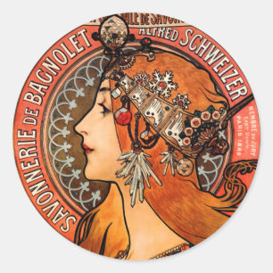 Sticker Rond Mucha Art Nouveau Bagnolet Lady