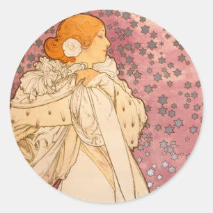 Sticker Rond Mucha Art nouveau femme beauté