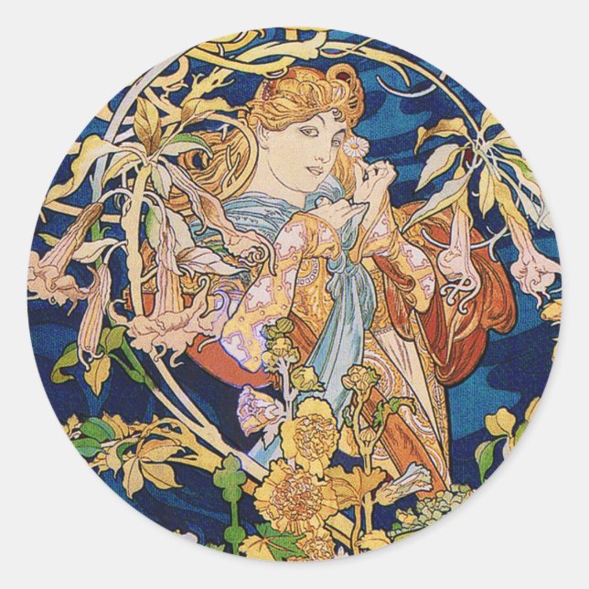 Sticker Rond Mucha Art Nouveau : Une Femme Daisée (Devant)