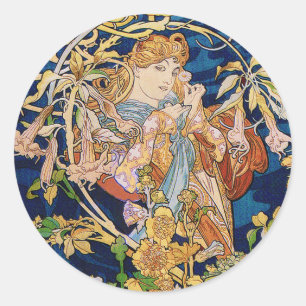Sticker Rond Mucha Art Nouveau : Une Femme Daisée