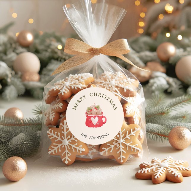 Sticker Rond Mug Chocolat Chaud Rouge Pastel Joyeux Noël (Créateur téléchargé)