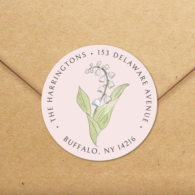 Sticker Rond Muguet Mai Rose Floral Adresse de Retour (This elegant address sticker features my lily of the valley art against a soft pastel pink.)