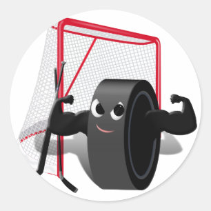 Sticker Rond Muscle Man Hockey Puck avec objectif et bâtons de