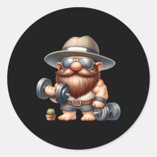 Sticker Rond Muscleman Gnome Avec Dumbbells Drôle Fitness Worki