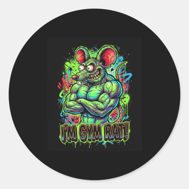 Sticker Rond Muscular Gym Rat Bodybuilder Graffiti Workout Fitn (Devant)