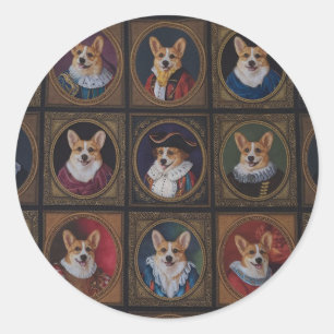 Sticker Rond Musée Vintage Mur, Portraits de chiens Corgi hilar