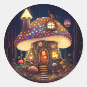 Sticker Rond Mushroom House Imaginaire Art