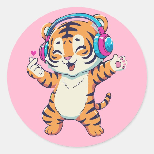Sticker Rond Music & Dancing Lover Tiger (Devant)