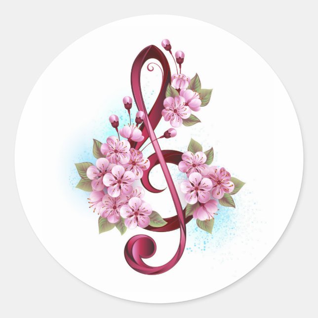Sticker Rond Musical treble clef notes with sakura flowers (Devant)