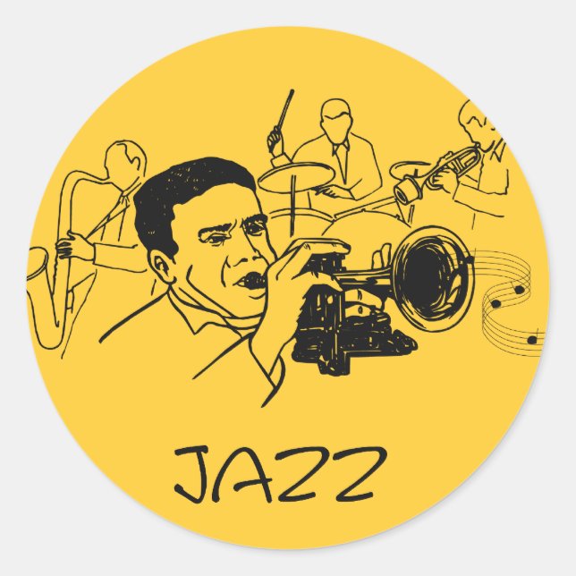 Sticker Rond Musicien JAZZ avec trompette et notes musicales (Devant)