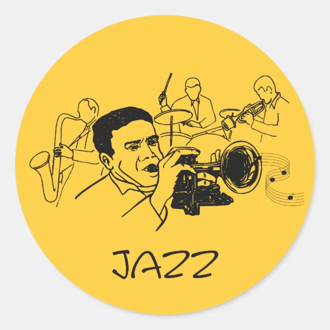 Sticker Rond Musicien JAZZ avec trompette et notes musicales (Devant)